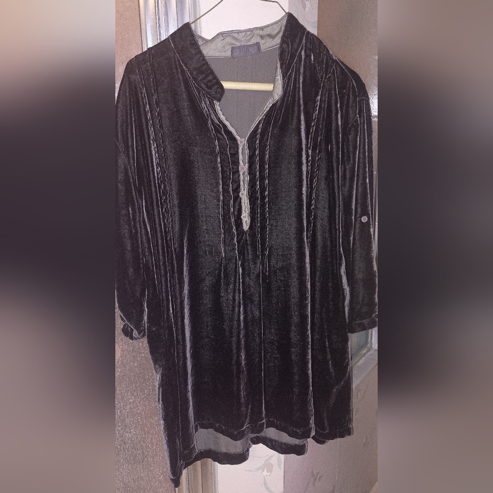 CP Shades Medium Green Velvet Tunic Roll-up Tab sleeves